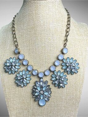 Blue Floral Crystal Rhinestone Statement Bib Necklace Chunky 17”